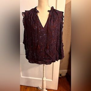 Womens burgundy & blue long sleeve blouse sz med by Karlie v-neck ties at neck